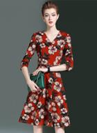 Oasap V Neck Three Quarter Length Sleeve Floral Printed Midi Dress