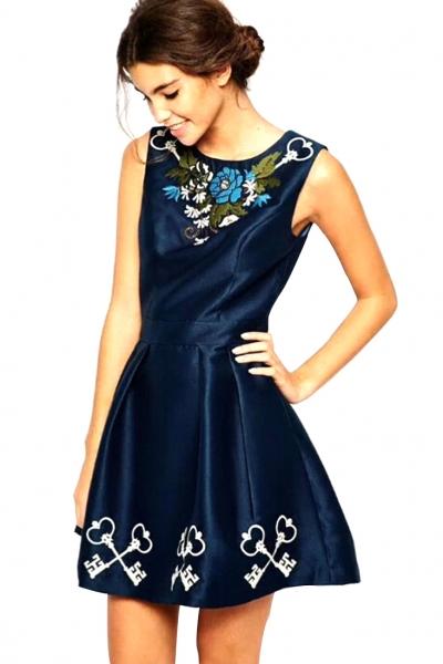 Oasap Retro Embroidery Floral Yoke Sleeveless Mini Dress