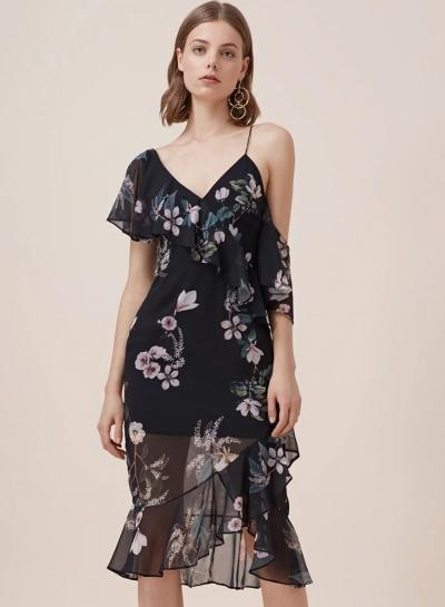 Oasap Ruffles Floral Print One Shoulder Strap Dress