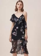 Oasap Ruffles Floral Print One Shoulder Strap Dress