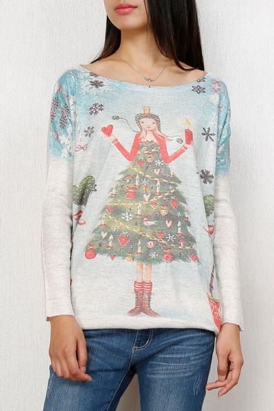 Oasap Heathered Christmas Tree Print Batwing Sleeve Sweater
