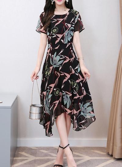 Oasap Round Neck Short Sleeve Floral Print Slim Dress