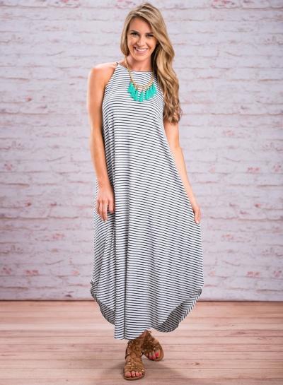 Oasap Striped Round Neck Asymetrical Hem Maxi Dress