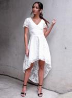 Oasap V Neck Short Sleeve Hollow Out High Low Lace Dress