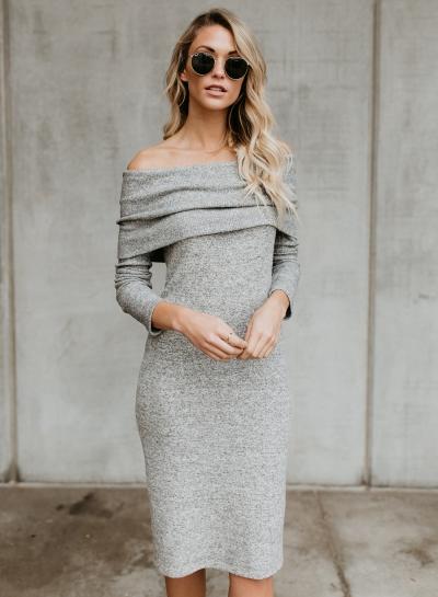 Oasap Solid Color Long Sleeve Off Shoulder Knit Bodycon Dress