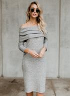 Oasap Solid Color Long Sleeve Off Shoulder Knit Bodycon Dress