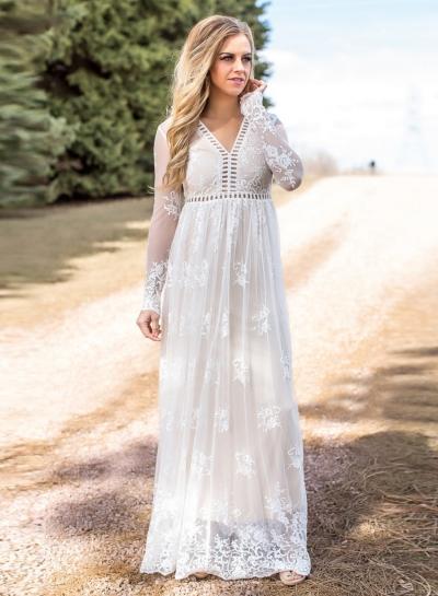 Oasap V Neck Long Sleeve Embroidery Maxi Dress