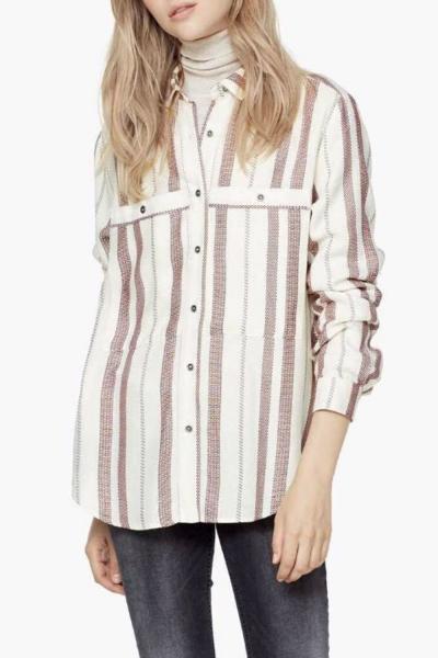 Oasap Color Block Stripe Stand Collar Button Down Shirt