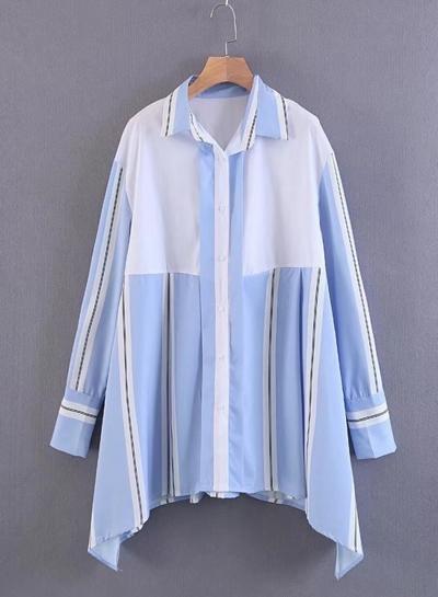 Oasap Turn-down Collar Long Sleeve Loose Button Down Striped Shirt