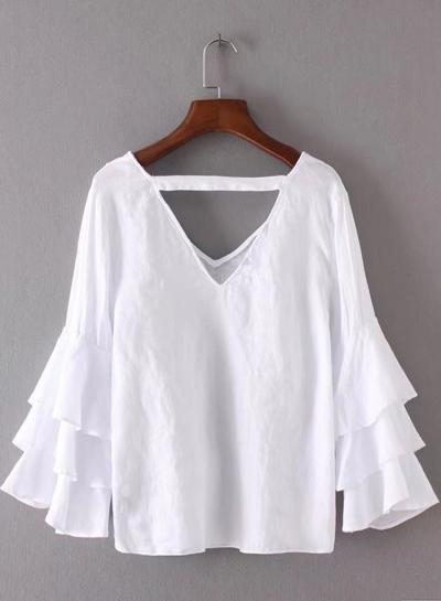 Oasap V Neck Flounce Hem Solid Color Blouses