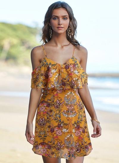 Oasap Spaghetti Strap Off Shoulder Ruffle Floral Mini Dress