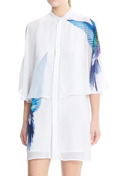 Oasap Elegant Bird Print Cape Chiffon Shirt Dress