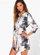 Oasap Turn-down Collar Long Sleeve Floral Print Button Down Dress With Belt