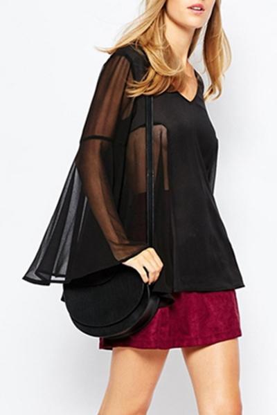 Oasap Women's Fashion V Neck Flare Sleeve Panel Chiffon Blouse