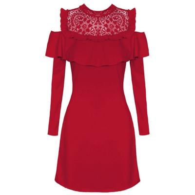 Oasap Off Shoulder Long Sleeve Ruffle Lace Dress