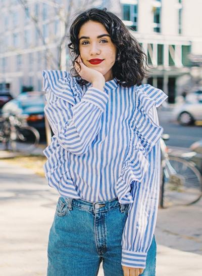 Oasap Stripe V Neck Long Sleeve Ruffle Pullover Blouse