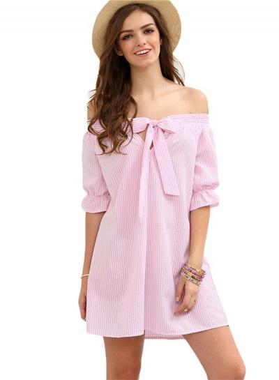 Oasap Off Shoulder Short Sleeve Stripe Mini Dress