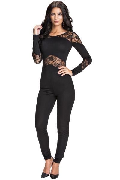 Oasap Black Lace Insert Hollow-out Fashion Jumpsuit
