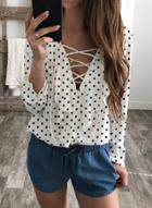 Oasap Polka Dot Flounce Panel Lace Up Chiffon Blouse