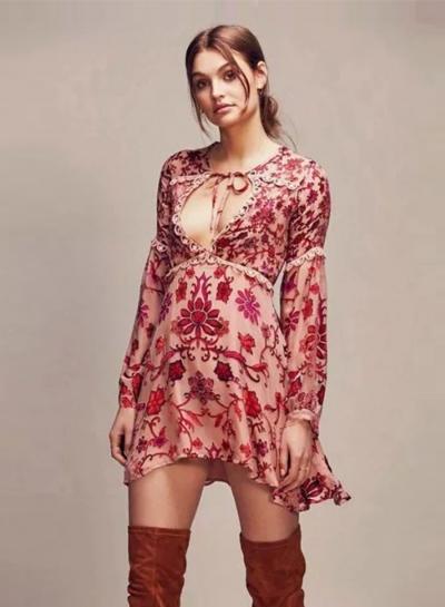 Oasap Deep V Neck Floral Print Dress