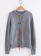 Oasap Round Neck Long Sleeve Cardigan Sweater With Brooch