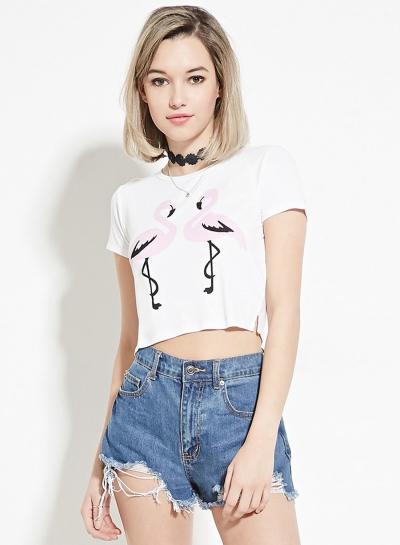 Oasap Fashion Short Sleeve Flamingo Print Crop Tee