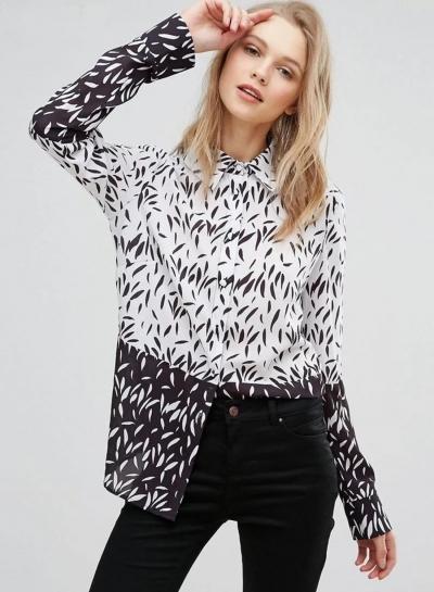 Oasap Fashion Color Block Printed Button Down Shirt