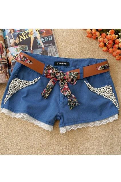 Oasap Villatic Sweet Beading Shorts With Lace Hemline