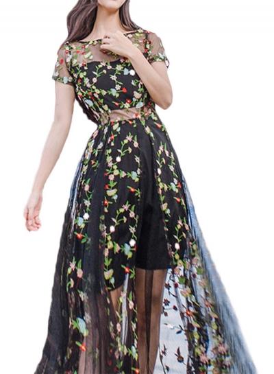 Oasap 3/4 Sleeve Floral Embroidery Midi Mesh Dress