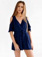 Oasap V Neck Cut Out Off Shoulder Tie Waist Romper
