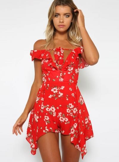 Oasap Off Shoulder Floral Printed Irregular Chiffon Romper