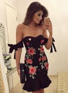 Oasap Strapless Floral Embroidery Bodycon Ruffle Dress