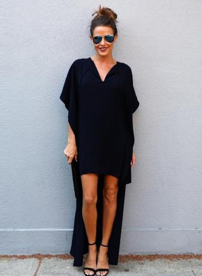 Oasap Solid Color V Neck Batwing Sleeve High Low Maxi Dress