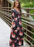 Oasap V Neck 3/4 Sleeve Floral Print Maxi Dress