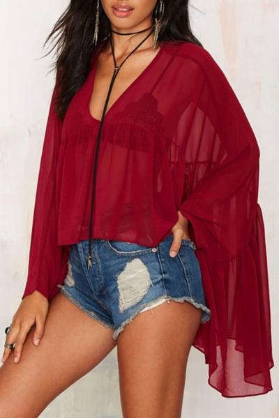 Oasap Burgundy Deep V High Low Sheer Chiffon Dress