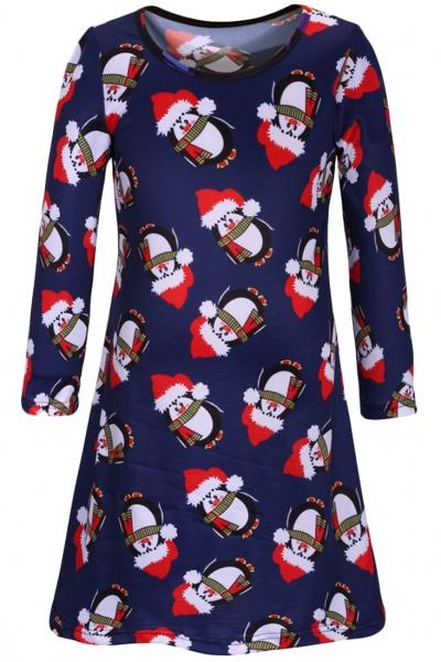 Oasap Christmas Cartoon Penguin Pattern Round Neck Dress