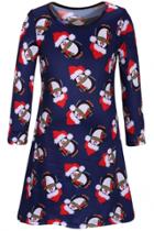 Oasap Christmas Cartoon Penguin Pattern Round Neck Dress