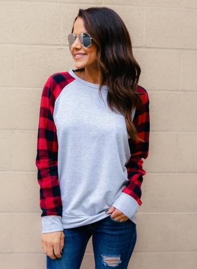 Oasap Round Necklong Sleeve Plaid Splicing Pullover Tee Shirt