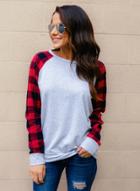 Oasap Round Necklong Sleeve Plaid Splicing Pullover Tee Shirt