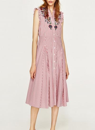 Oasap Floral Embroidery Sleeveless Stripped Dress