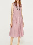 Oasap Floral Embroidery Sleeveless Stripped Dress