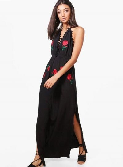 Oasap Halter Sleeveless Backless Floral Embroidery Slit Maxi Dress