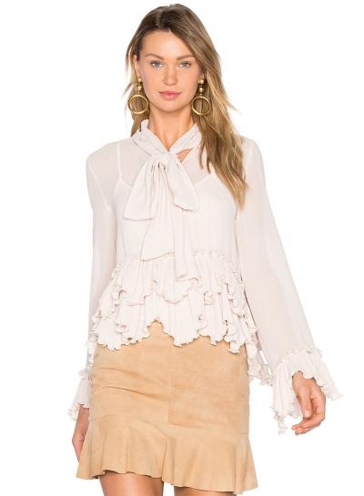 Oasap Fashion Tie Collar Ruffle Solid Blouse