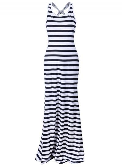 Oasap Fashion Sleeveless Back Cross Striped Maxi Dress