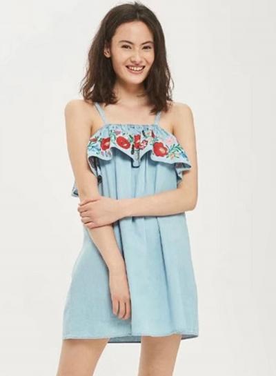Oasap Ruffle Embroidery Spaghetti Strap Off Shoulder Dress
