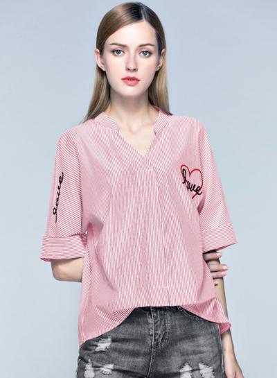 Oasap V Neck Embroidered Half Sleeve Striped Blouse