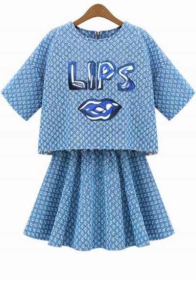 Oasap Goddess Aqua Lips Print Denim Matching Sets