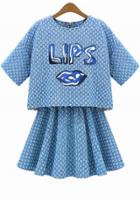 Oasap Goddess Aqua Lips Print Denim Matching Sets