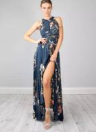 Oasap Halter Backless Floral Printed Maxi Dress