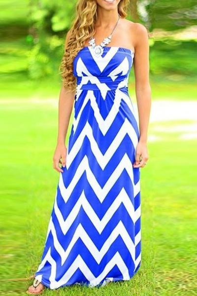 Oasap Blue Chevron Print Strapless Midi Dress